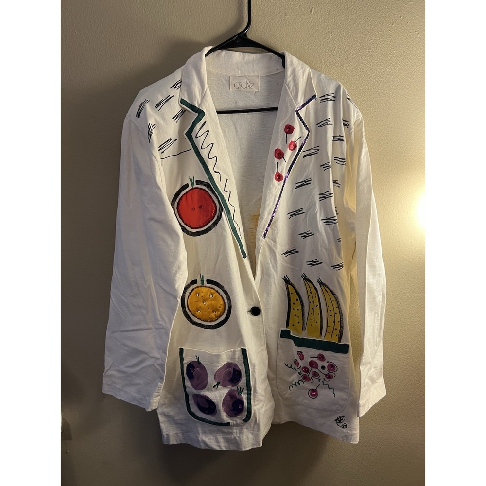 Vintage Cache 1980s Art Canvas Abstract Blazer Jacket Large Fruit!